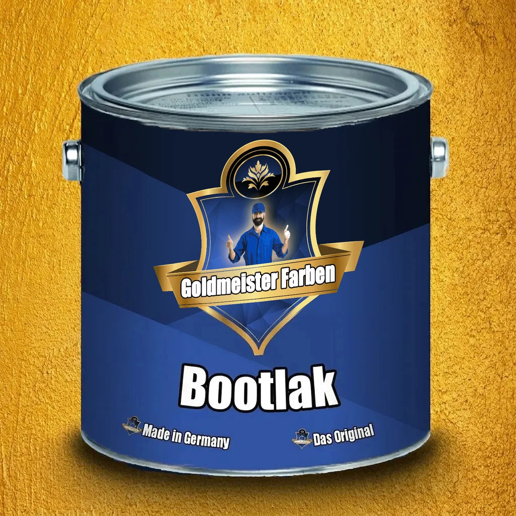 Blauwe Goldmeister Kleuren bootlak, 'Gemaakt in Duitsland' en 'Het Origineel' op het label.