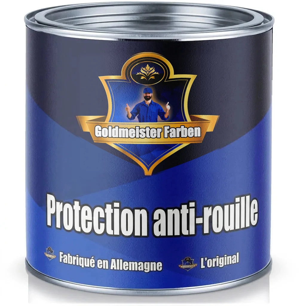Bidon de peinture Goldmeister Farben, bleu et noir, avec l'inscription 'Rostschutz' (protection antirouille).