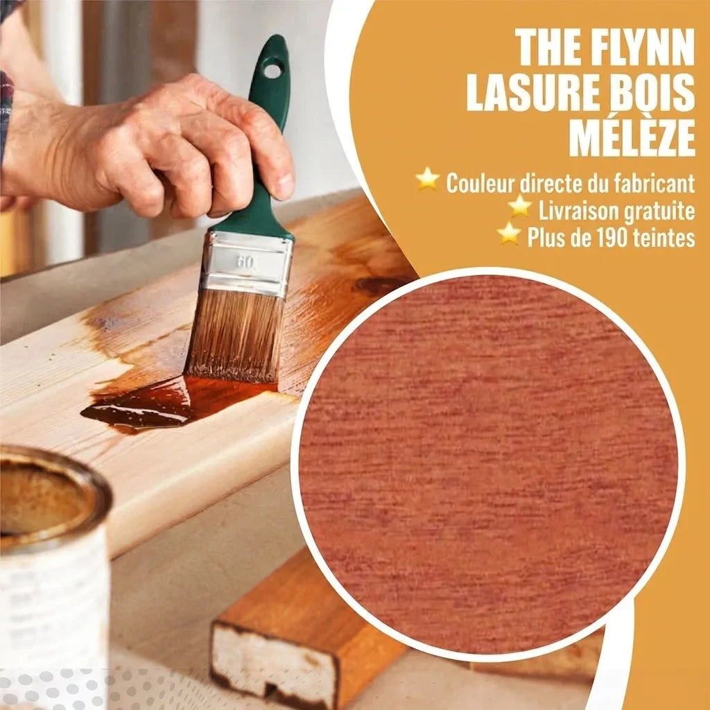 Lasure bois Flynn mélèze appliquée au pinceau. Publicité: couleur fabricant, livraison gratuite, plus de 190 teintes disponibles.