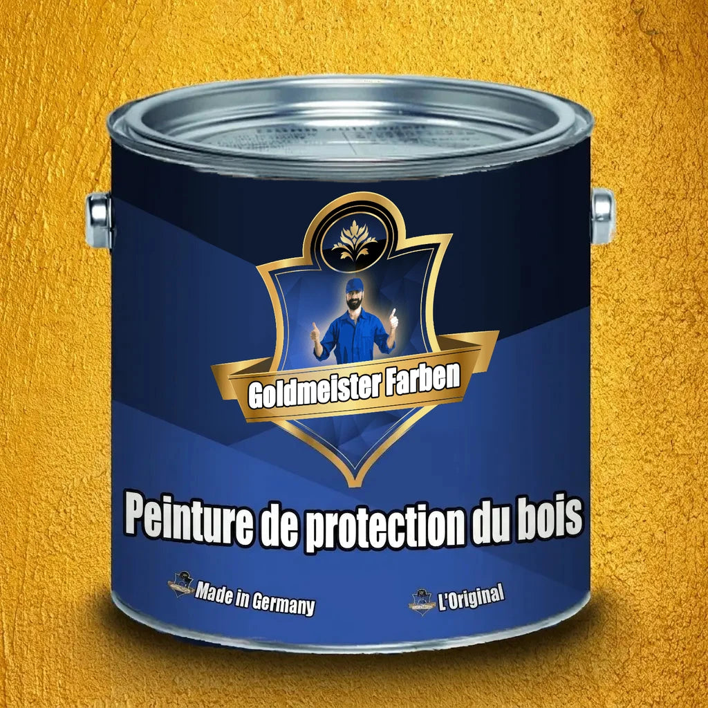Bidon bleu de peinture de protection du bois Goldmeister Farben, avec un homme souriant sur fond doré