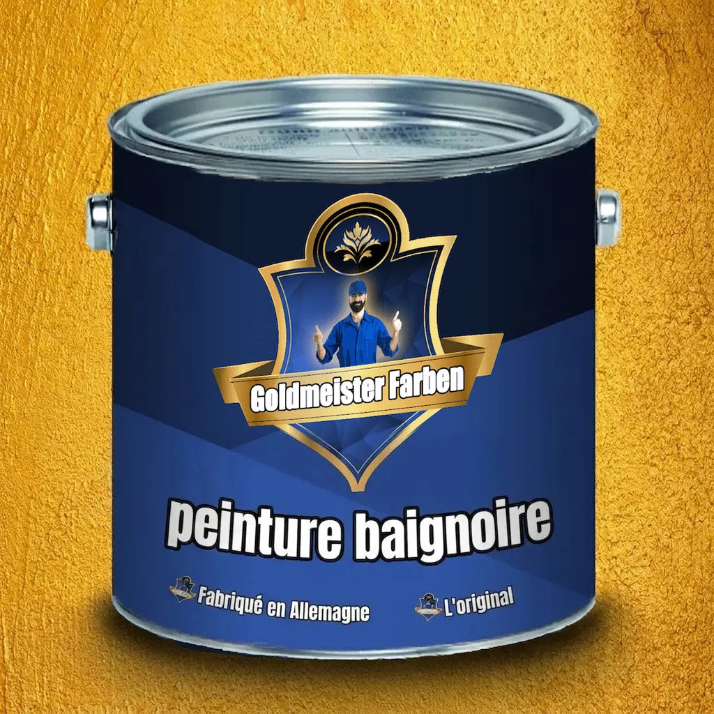Pot de peinture Goldmeister Farben Badewannenlack bleu marine et or avec un homme aux pouces levés.