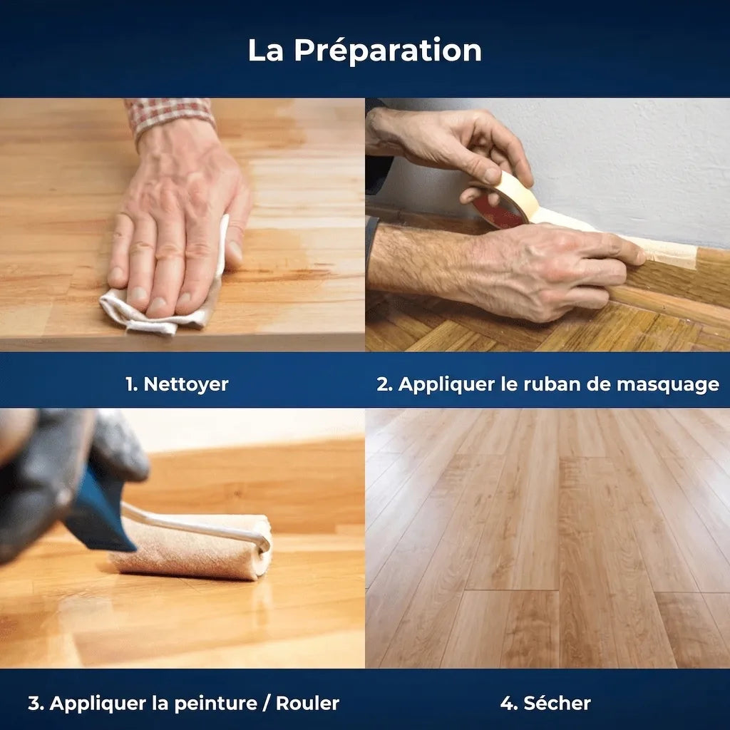 Image montrant 4 étapes de préparation et de traitement d'une surface en bois : nettoyage, masquage, application et séchage.