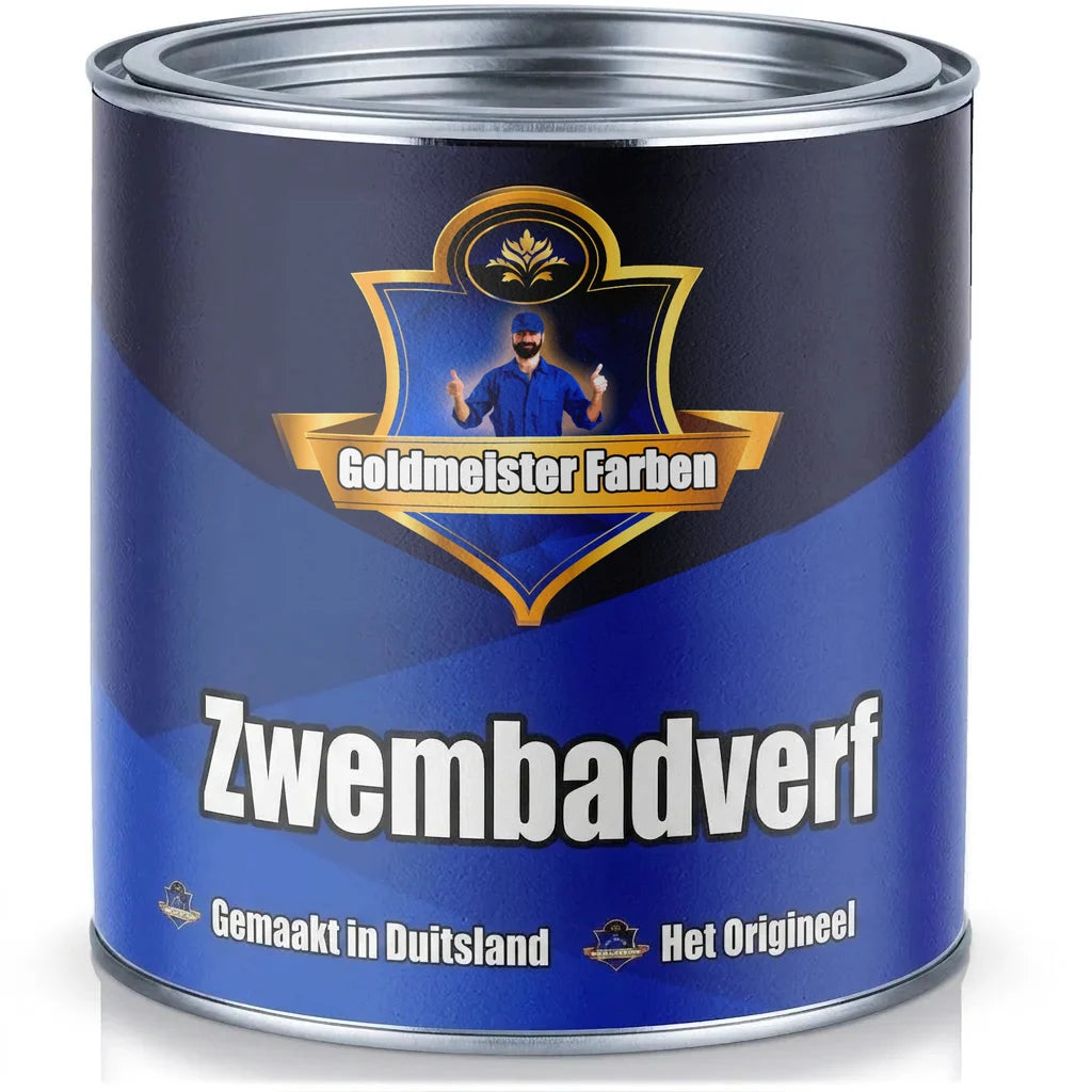 Blauw Goldmeister Farben verfblik voor zwembaden, met tekst 'Poolfarbe', 'Made in Germany' en 'Das Original'.