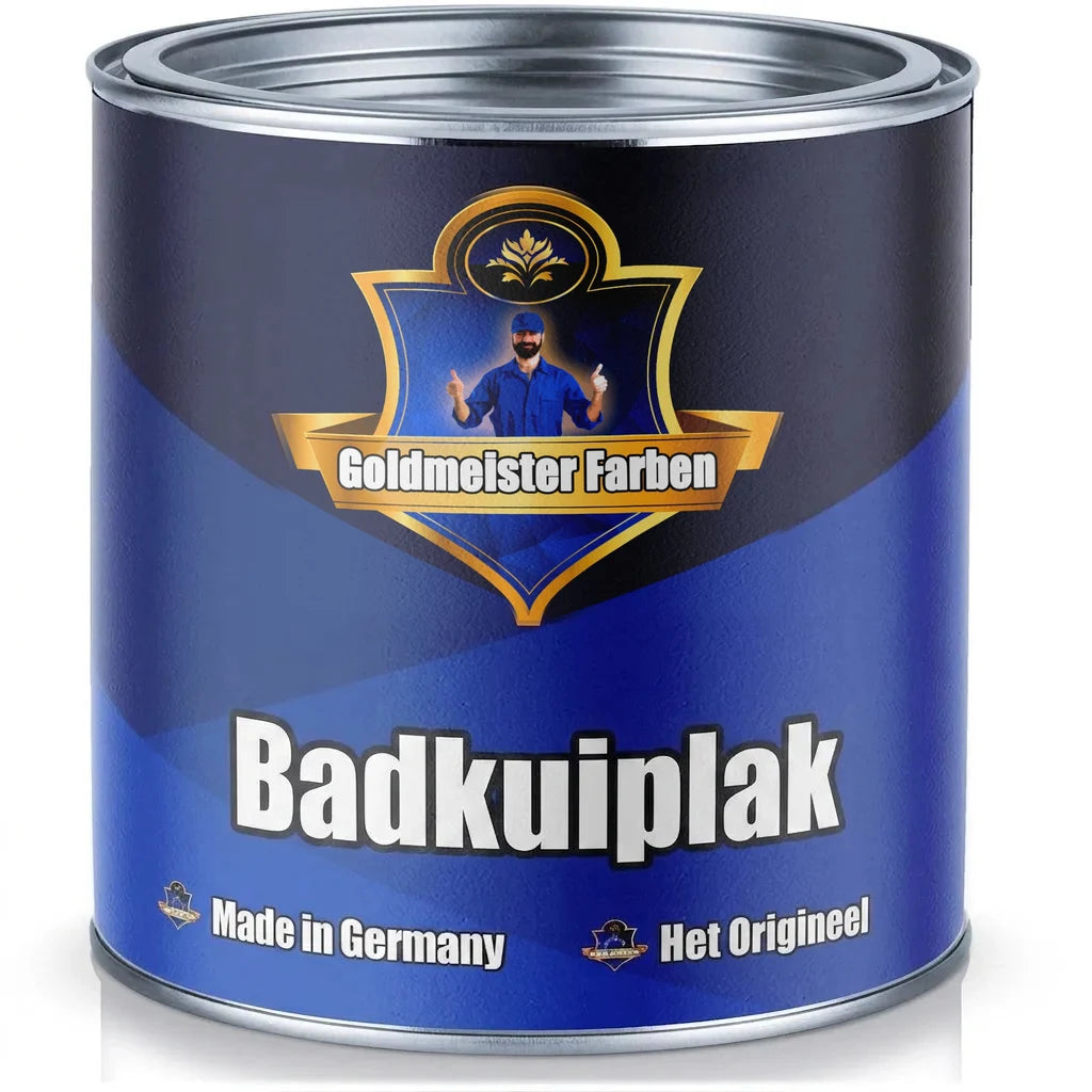 Goldmeister Farben badkuipverf in een blauw blik. Gemaakt in Duitsland, het origineel.