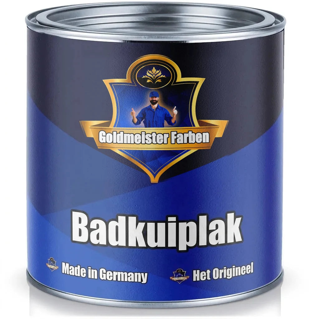 Goldmeister Farben badkuiplak, blauw blik met schild en man met duimen omhoog, Made in Germany