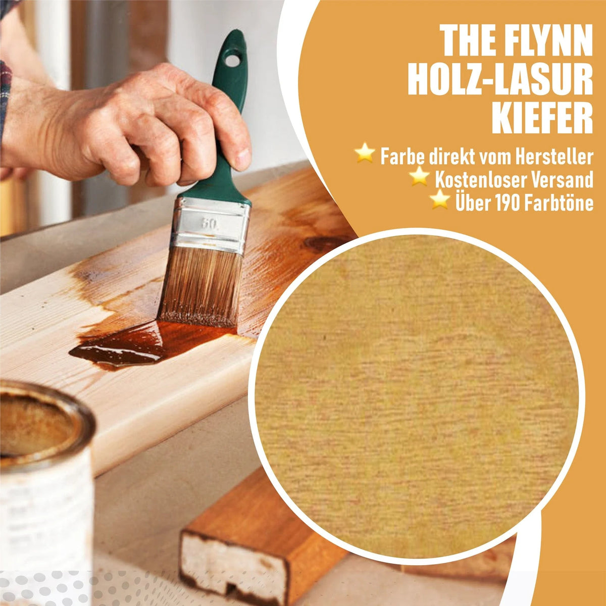 The Flynn houtbeits in grenen: kwast op een plank, close-up van grenenhouttextuur