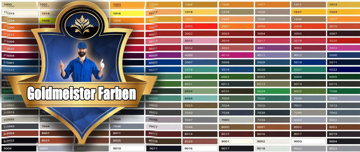 Kleurenkaart met RAL-codes en het Goldmeister Farben logo met een glimlachende man die duimen omhoog steekt.