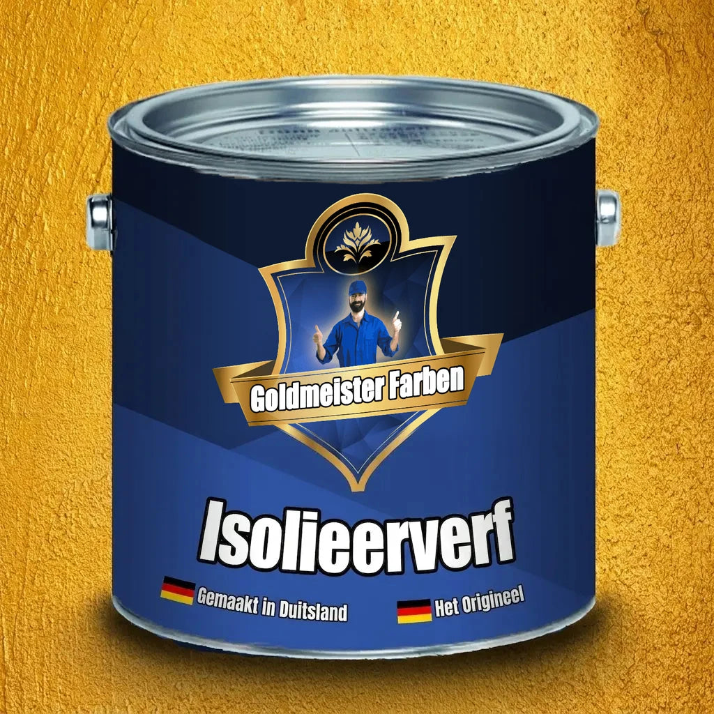 Blauw verfblik van Goldmeister Farben met isolerende verf, een man met duimen omhoog en de tekst 'Das Original'.
