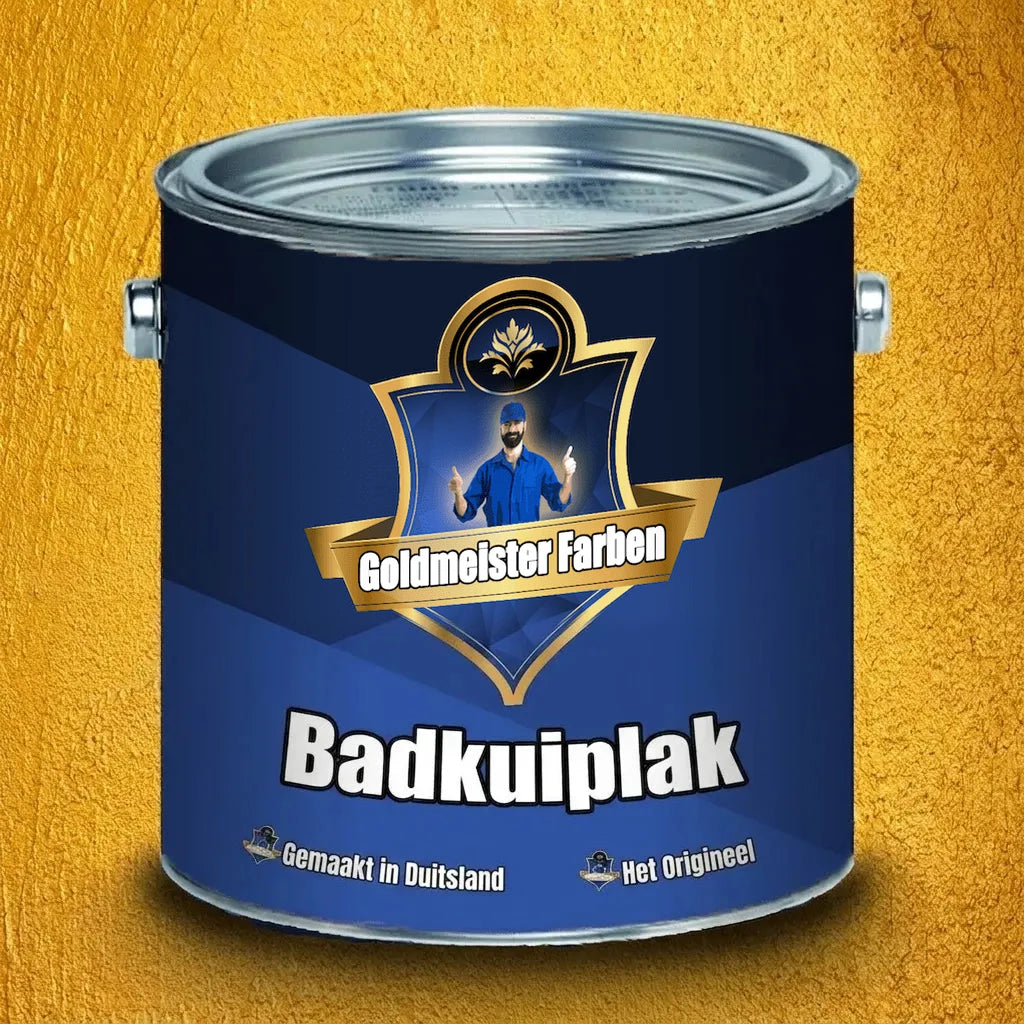 Goldmeister Farben badkuiplak, blik met Gemaakt in Duitsland op gouden structuurachtergrond