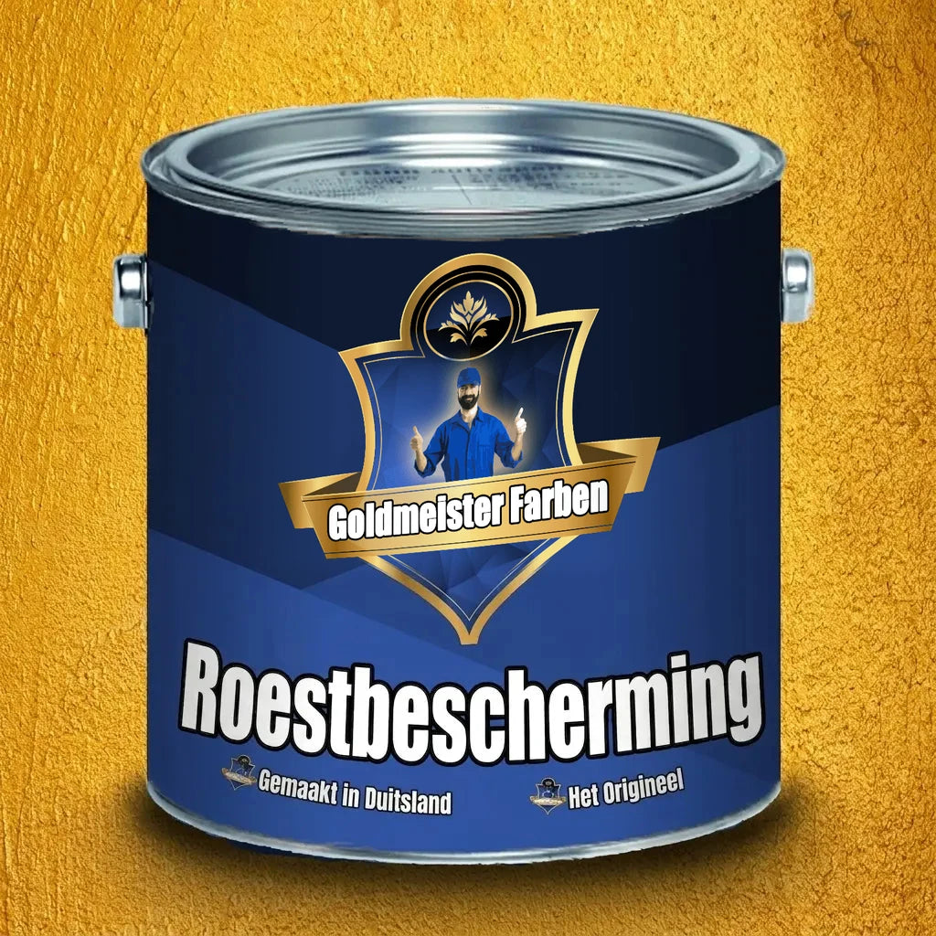 Blauw verfblik Goldmeister Farben Rostschutz met een man in uniform, tekst 'Made in Germany' op gouden achtergrond.