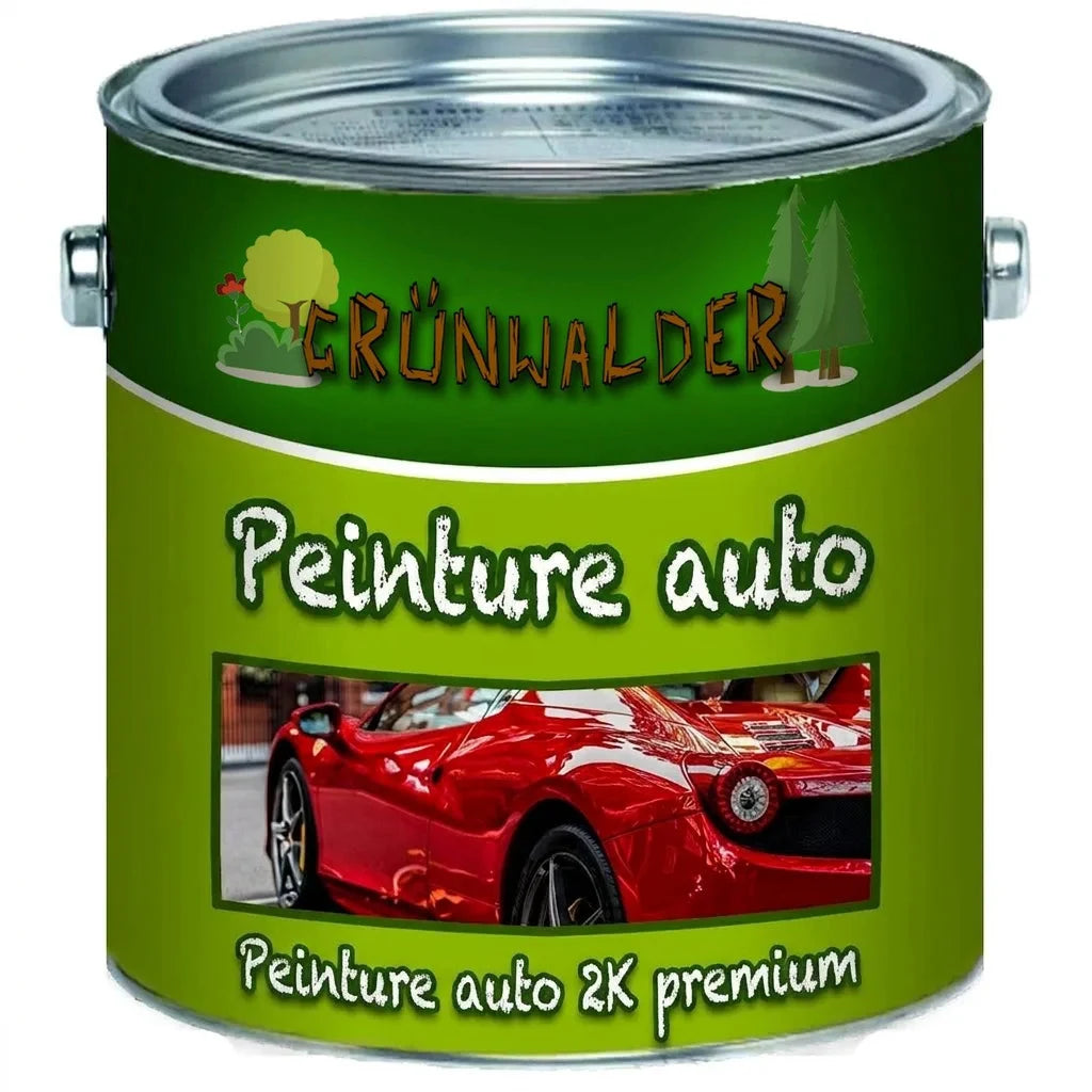 Pot vert de peinture voiture 2K premium Grünwalder avec une voiture de sport rouge