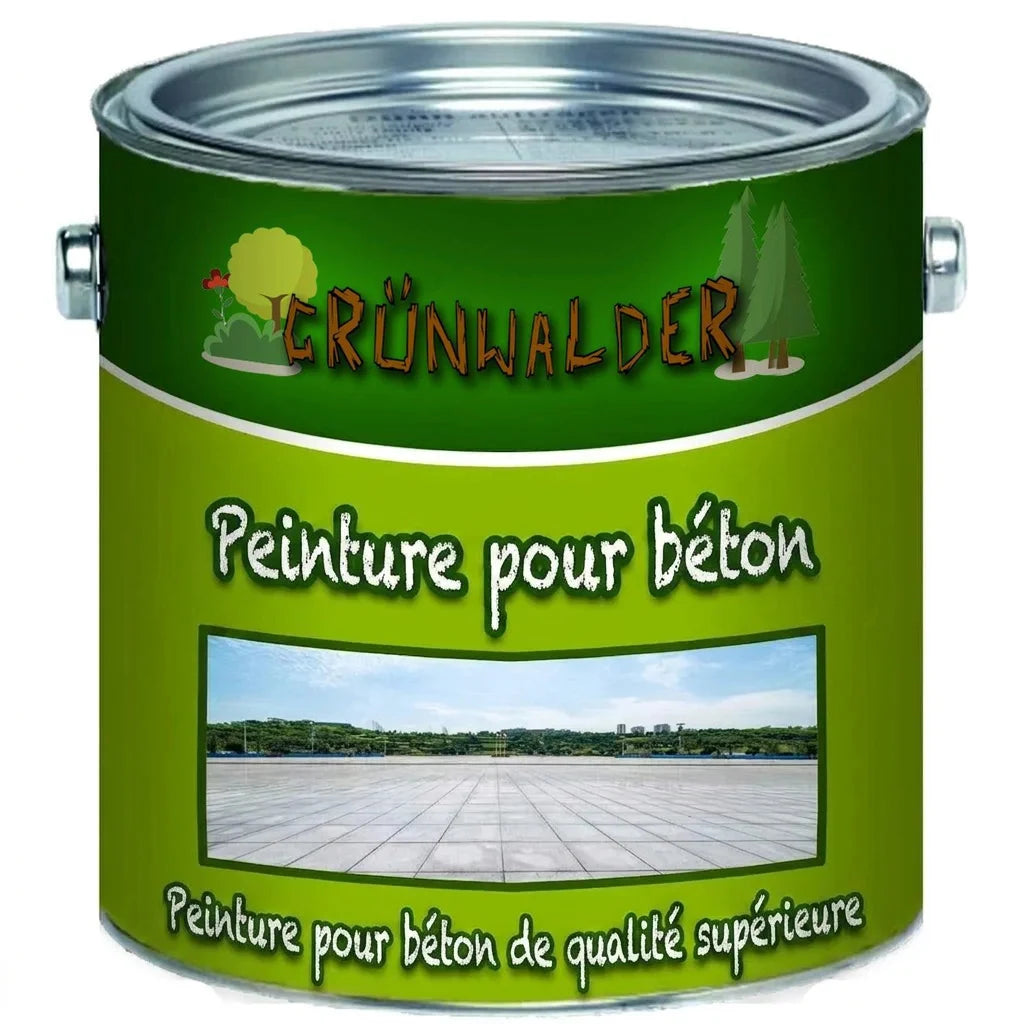 Pot de peinture pour béton Grünwalder, vert vif, avec texte 'Premium Betonfarbe' et illustration de surface en béton.