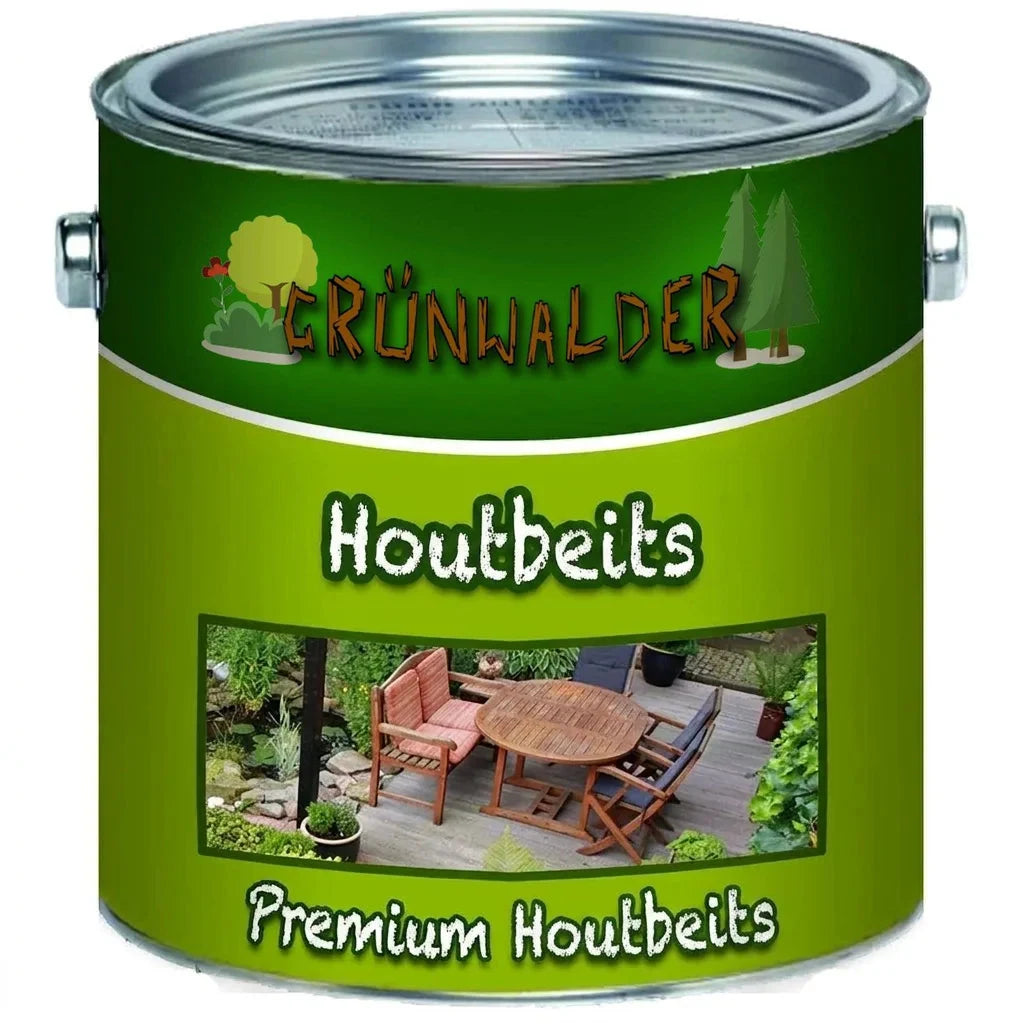 Groenwalder premium houtbeits in blik met afbeelding van een houten terras met meubels