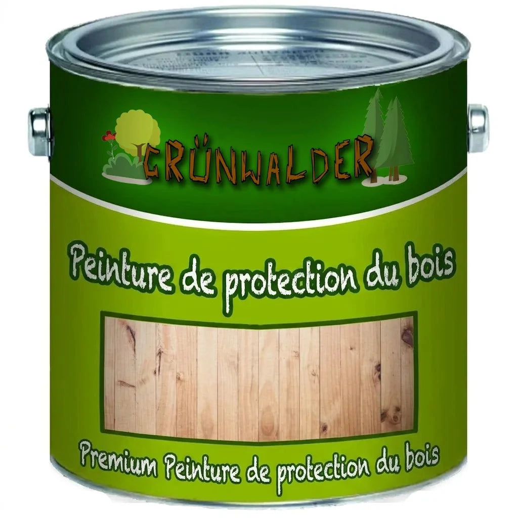 Pot de peinture GRÜNWALDER vert pour bois, étiquette allemande avec les textes «Holzschutzfarbe» et «Premium Holzschutzfarbe».