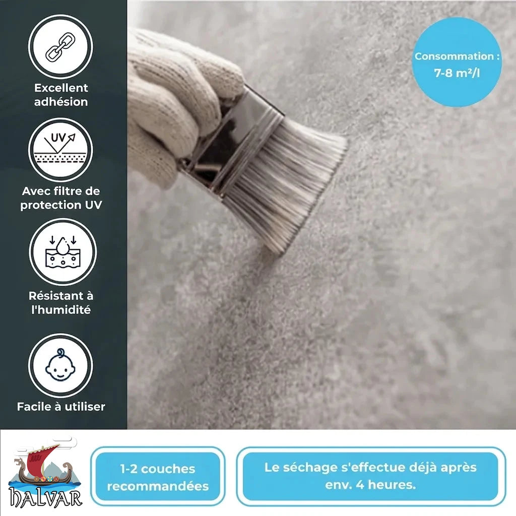 Application d'une peinture grise. Détails: excellente adhérence, protection UV, résiste humidité, facile à utiliser, séchage rapide.