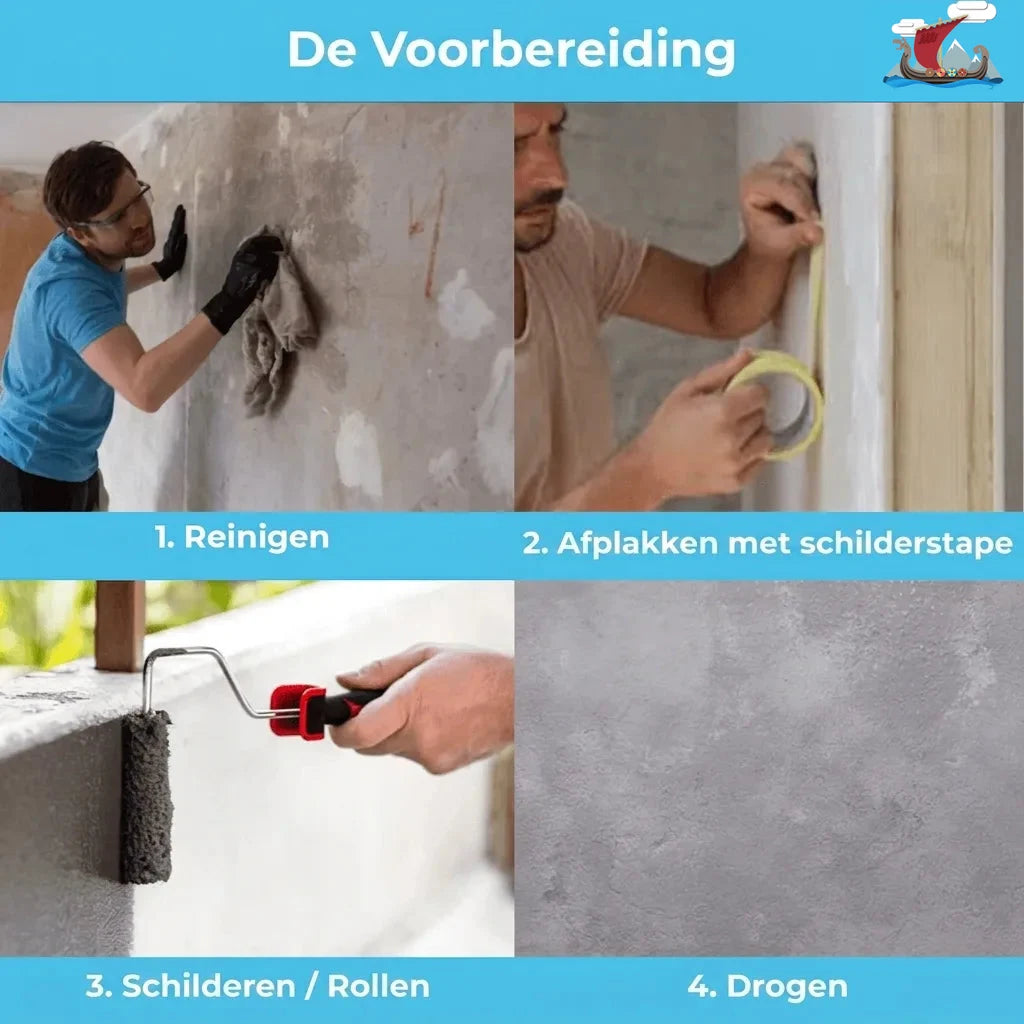 Afbeelding van 4 stappen voor wandvoorbereiding: reinigen, afplakken met tape, verven/rollen, drogen.