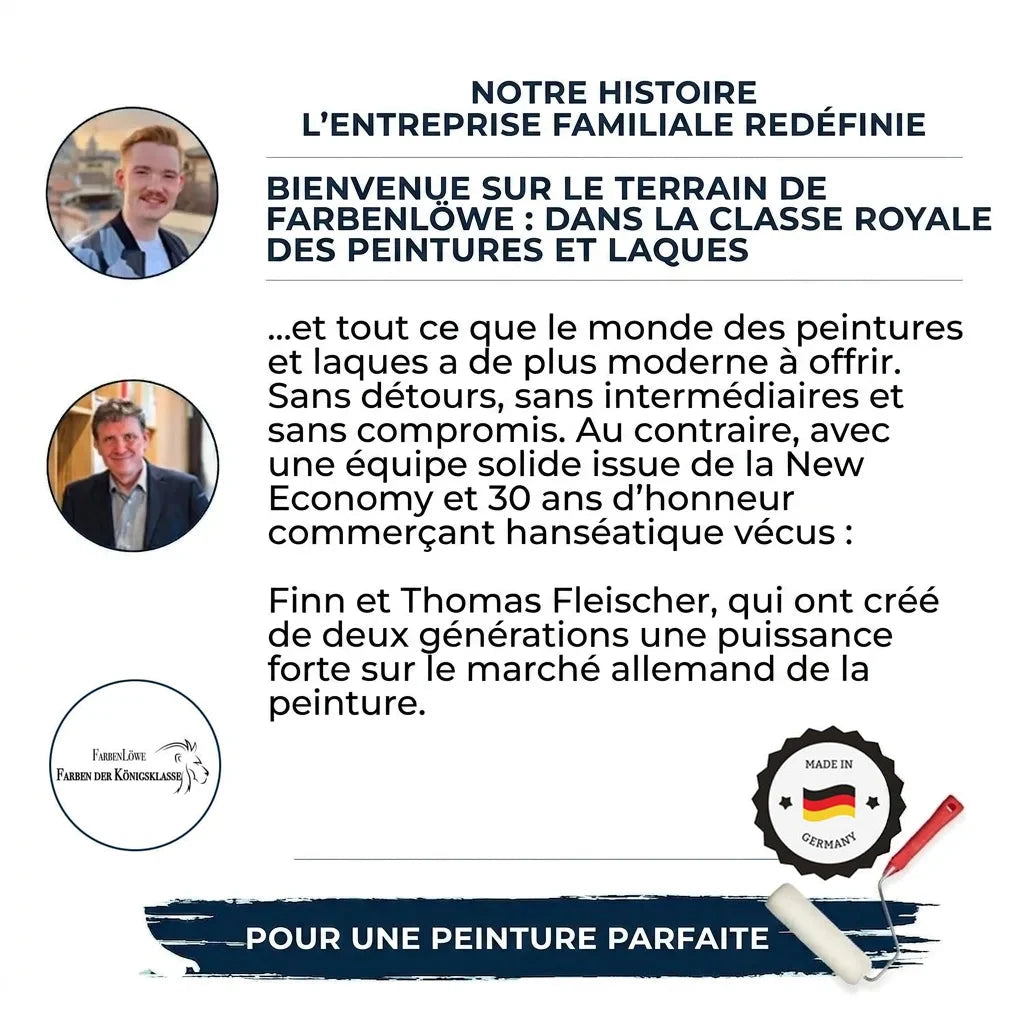 Présentation d'une entreprise familiale allemande de peinture, Farbenlöwe, avec Finn et Thomas Fleischer, soulignant qualité et excellence.