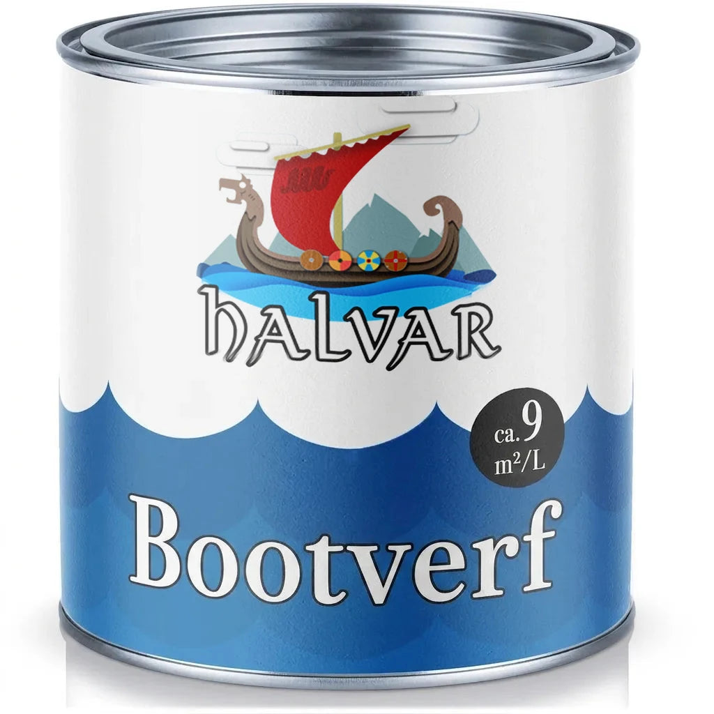 Halvar botenlak verfblik met Vikingschip logo, blauwe golven en 9 m²/L dekking.