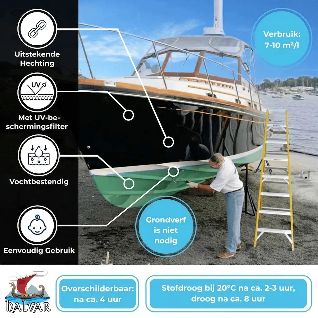 Man schildert boot met Halvar bootverf: uitstekende hechting, UV-bescherming, vochtbestendig, geen primer nodig.