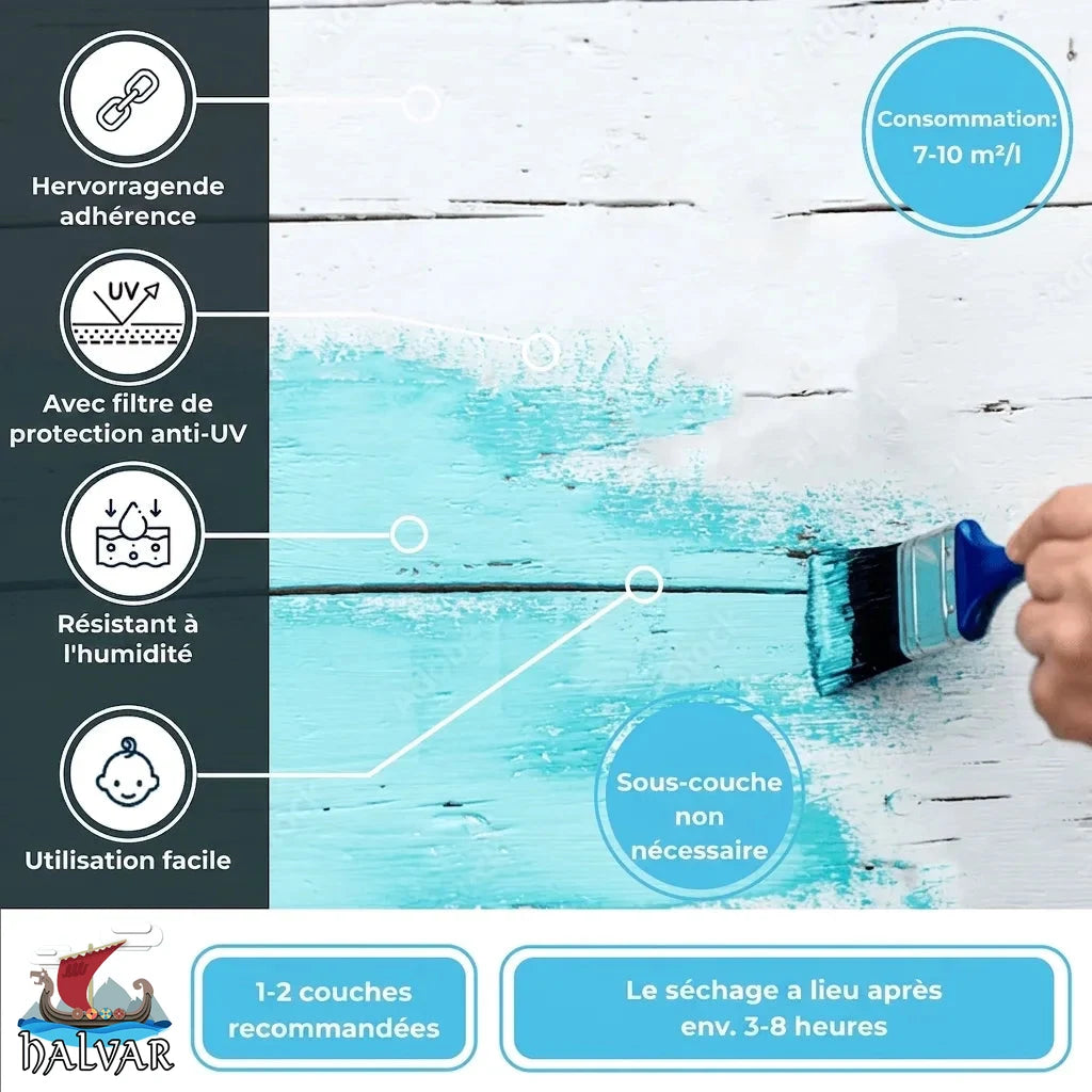 Publicité peinture bois turquoise HALVAR : application, adhérence, protection UV, résistance humidité, facile, sans apprêt, séchage 3-8h, 7-