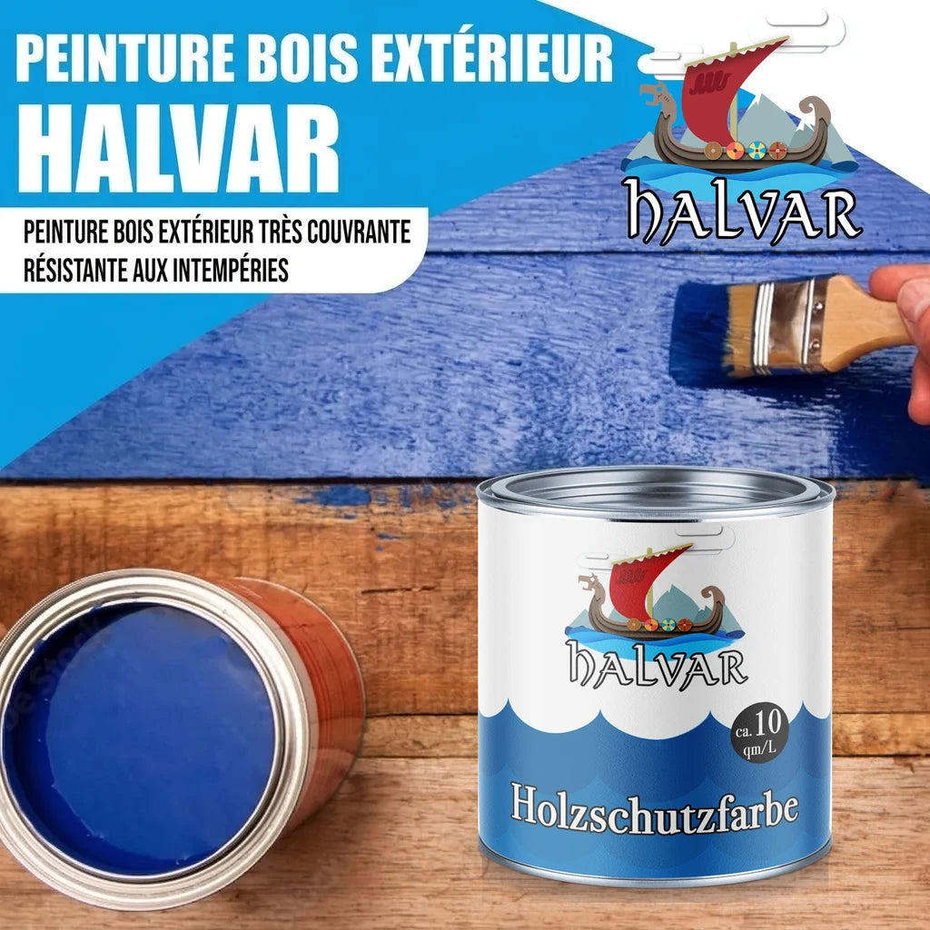 Peinture bois extérieure Halvar. Un pot de peinture bleue "Holzschutzfarbe" et un pinceau sur du bois.