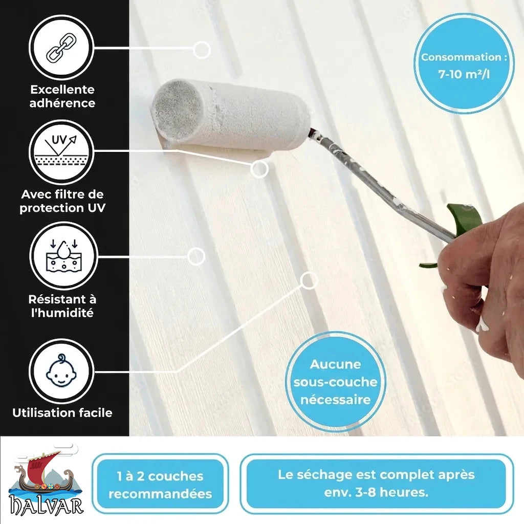 Infographie de peinture blanche pour métal 3 en 1 Halvar au rouleau : adhérence, anti-UV, sans primaire