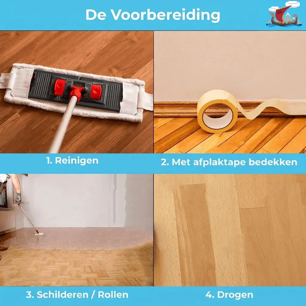 Stappen voor het voorbereiden en behandelen van een houten vloer: reinigen, afplakken, lakken en drogen.