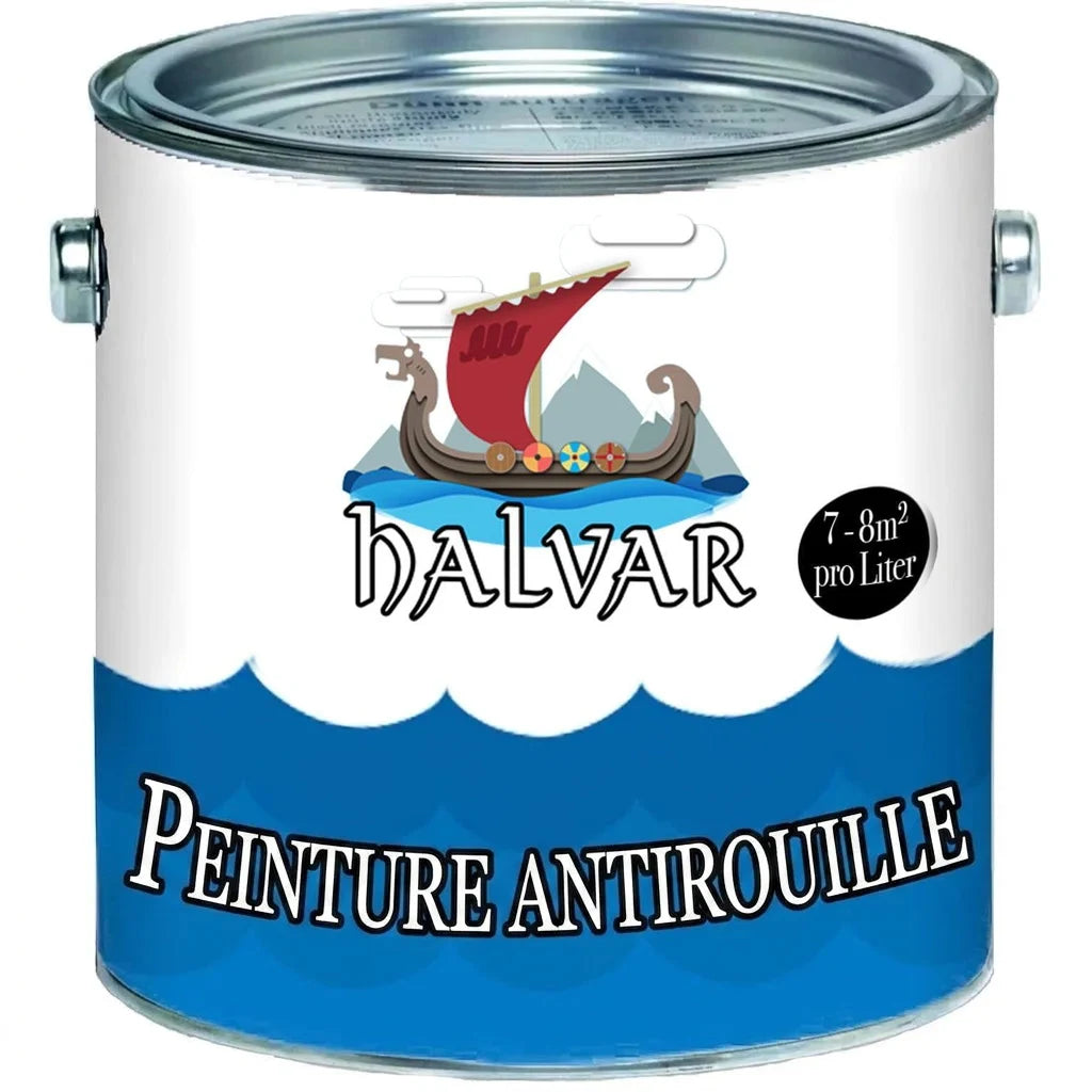 Pot de peinture antirouille HALVAR blanc et bleu avec drakkar. Texte 'ROSTSCHUTZFARBE', '7-8m² pro Liter'.