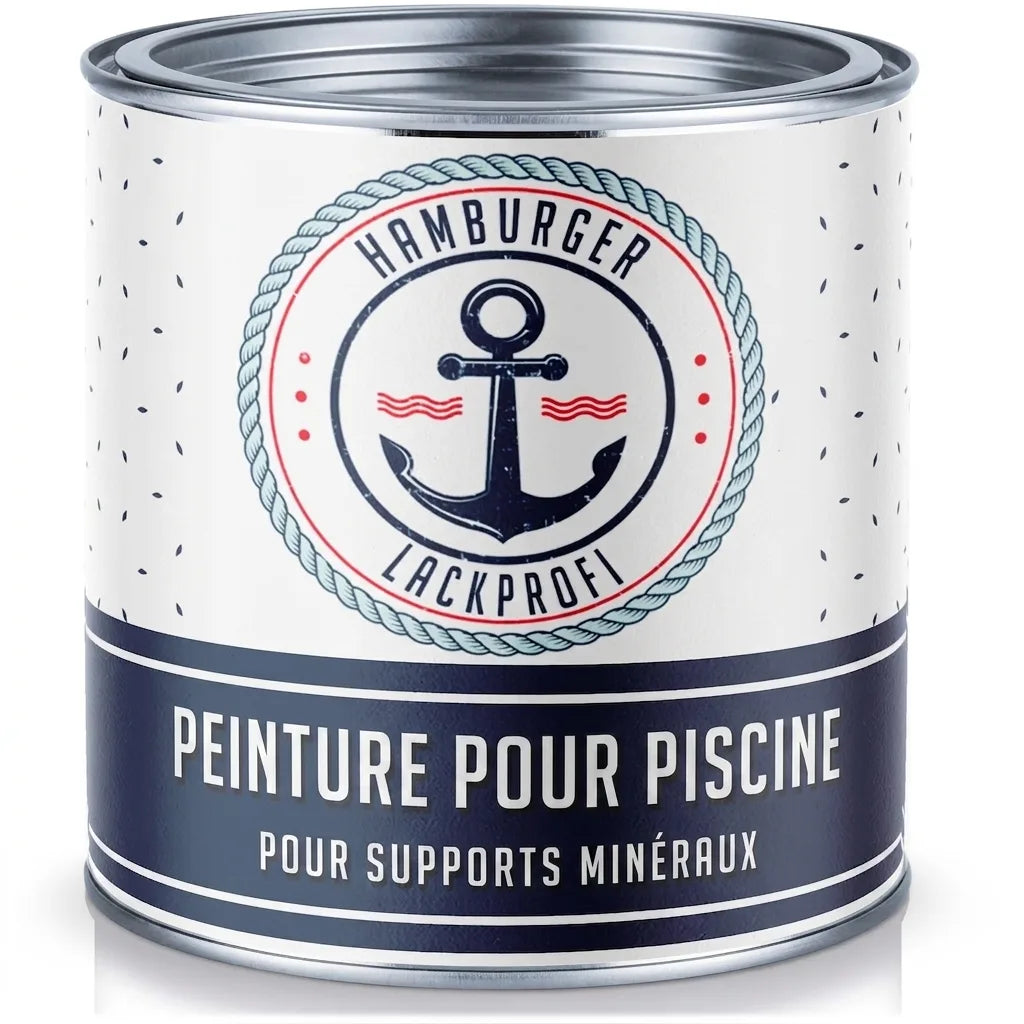 Peinture piscine Hamburger Lack-Profi, pot blanc et bleu marine avec ancre, vue de face, supports minéraux
