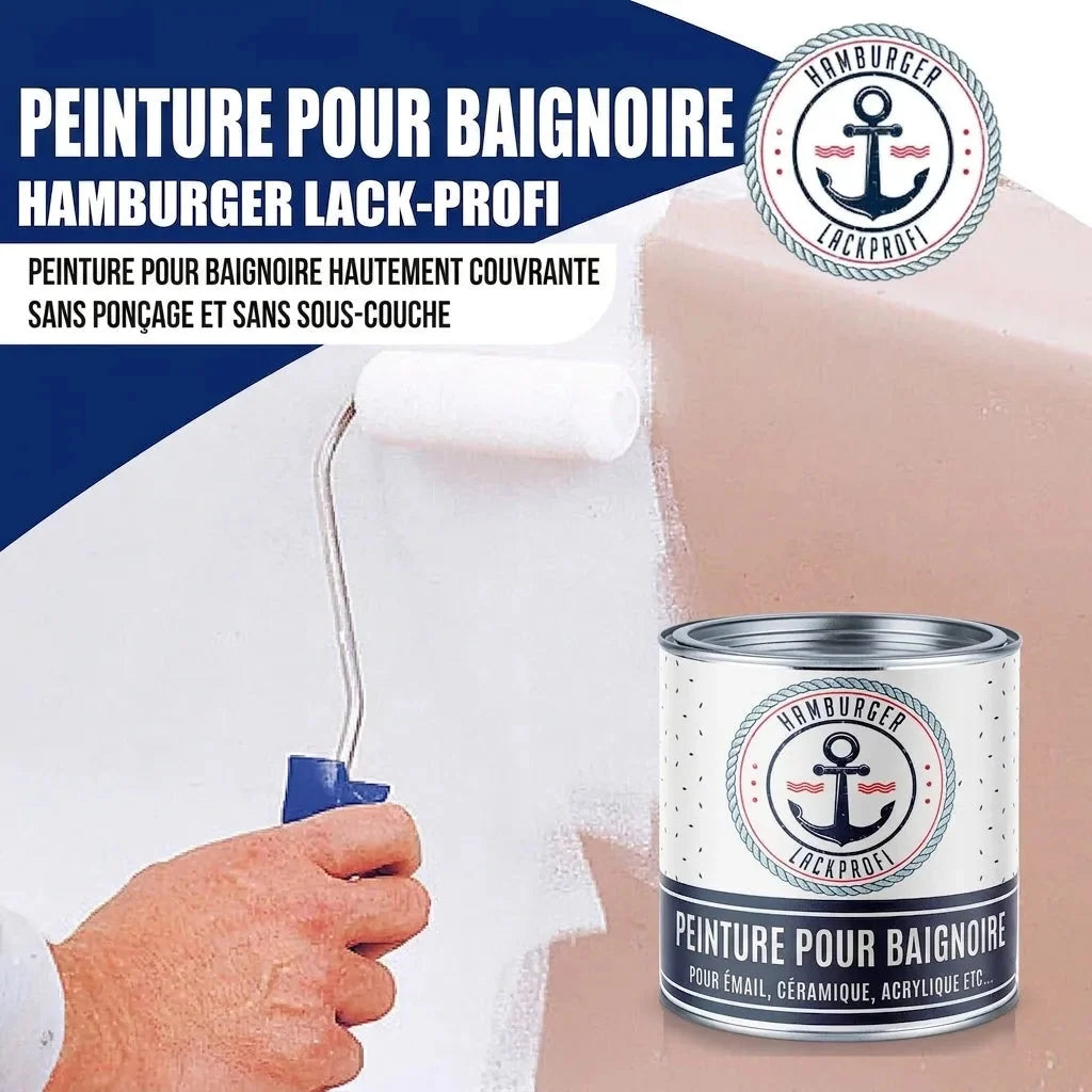 Peinture pour baignoire 2K Hamburger Lack-Profi, rouleau blanc sur surface rosée et pot posé en bas à droite