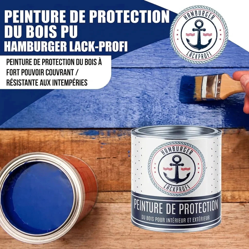 Peinture de protection du bois PU Hamburger Lack-Profi, planches peintes en bleu, pot ouvert et pot fermé