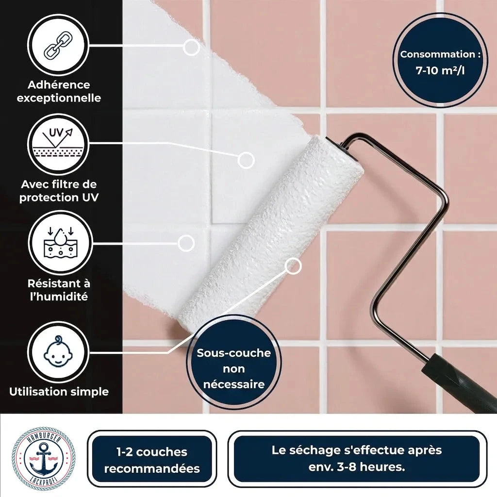 Peinture blanche sur carrelage, infos clés : adhérence, UV, humidité, sans apprêt, 7-10m²/L, 1-2 couches, séchage 3-8h.