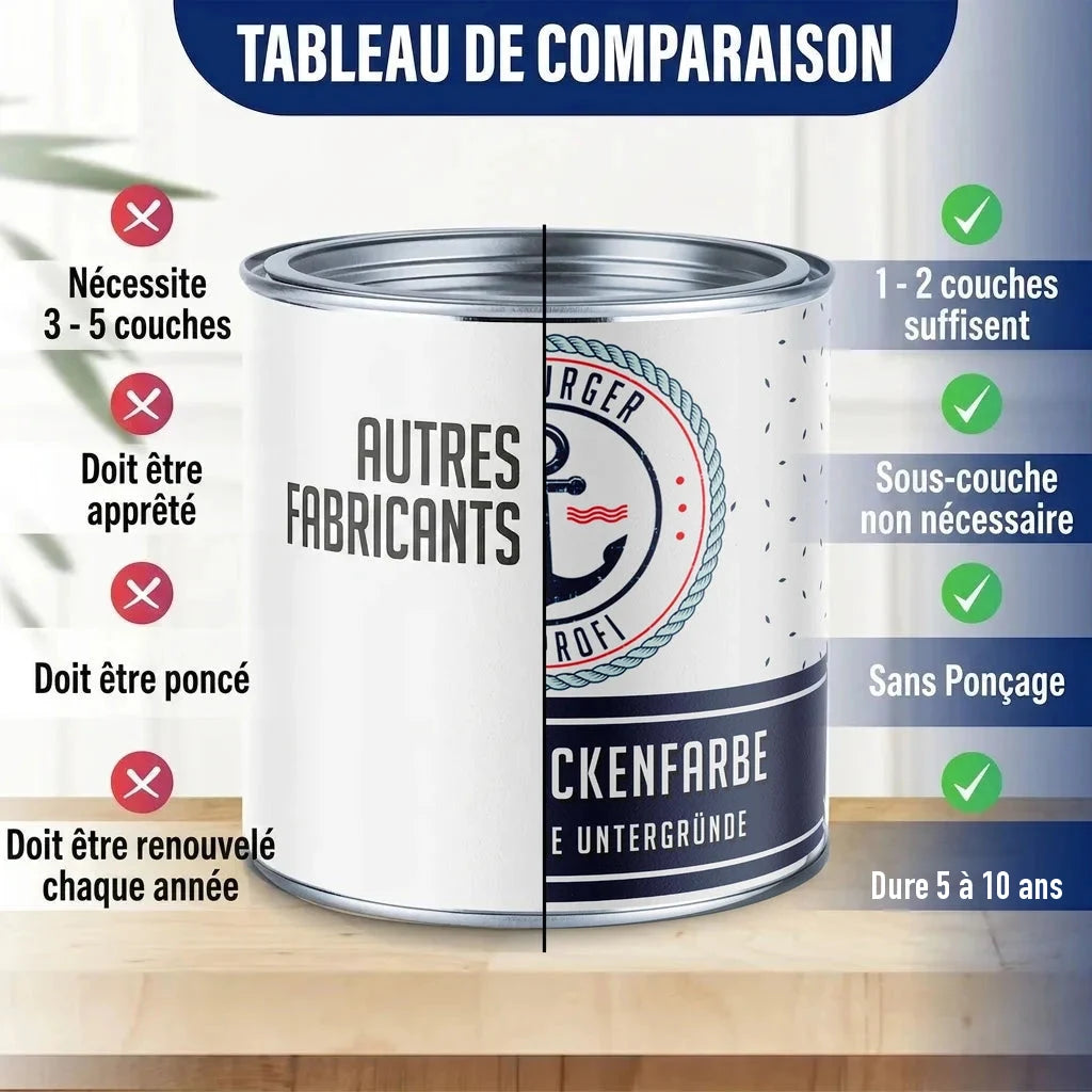 Tableau comparatif de peinture. Pot de peinture "ANDREAS BURGER PROFI LACKENFARBE" vs. "AUTRES FABRICANTS".