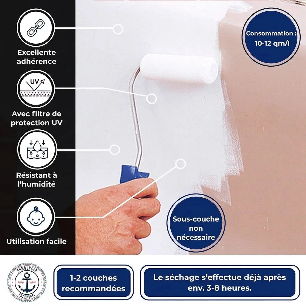 Peinture pour baignoire 2K Hamburger Lack-Profi, rouleau bleu en gros plan, avantages et séchage de 3 à 8 heures