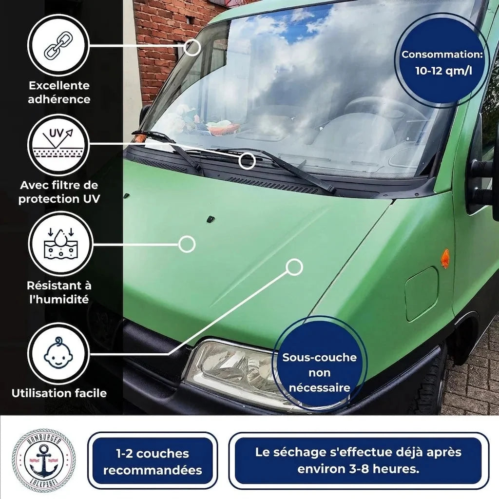 Peinture auto 2K Hamburger Lack-Profi, capot de fourgon vert mat, avantages et séchage de 3 à 8 heures