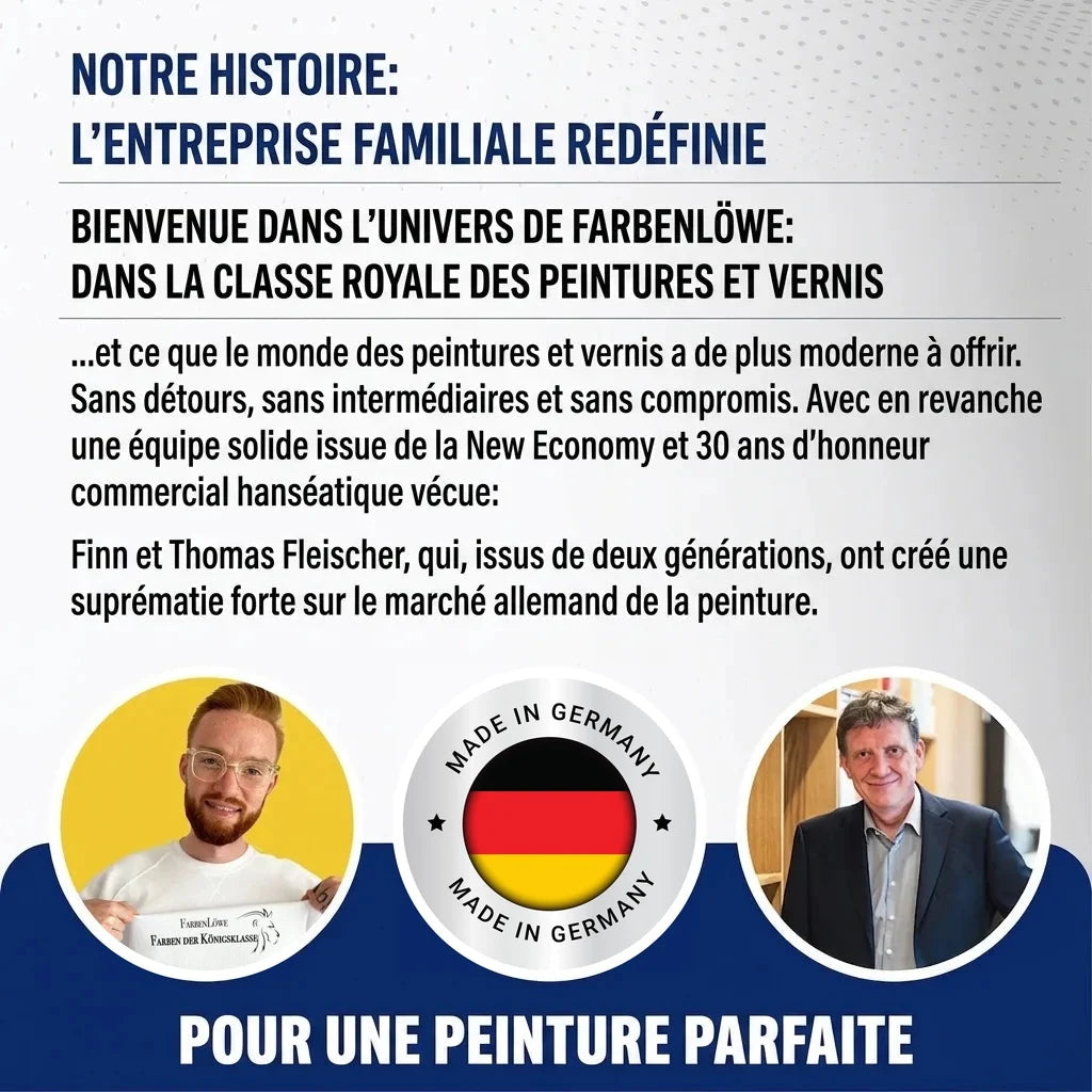Publicité allemande de Farbenlöwe, entreprise familiale redéfinie, pour des peintures de qualité Made in Germany.