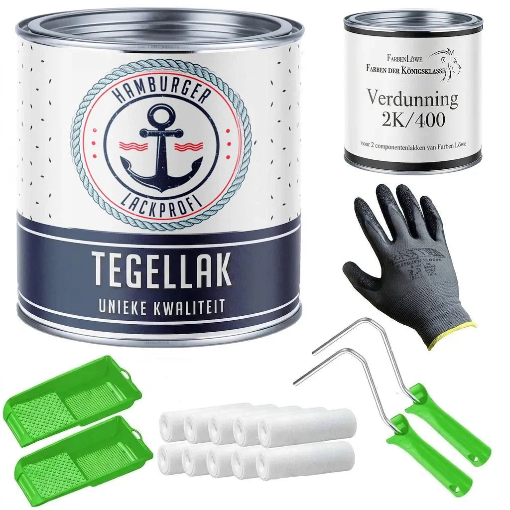 Tegelverf in complete set: lakblik, verdunner, verfrollers, verfbakjes en handschoenen