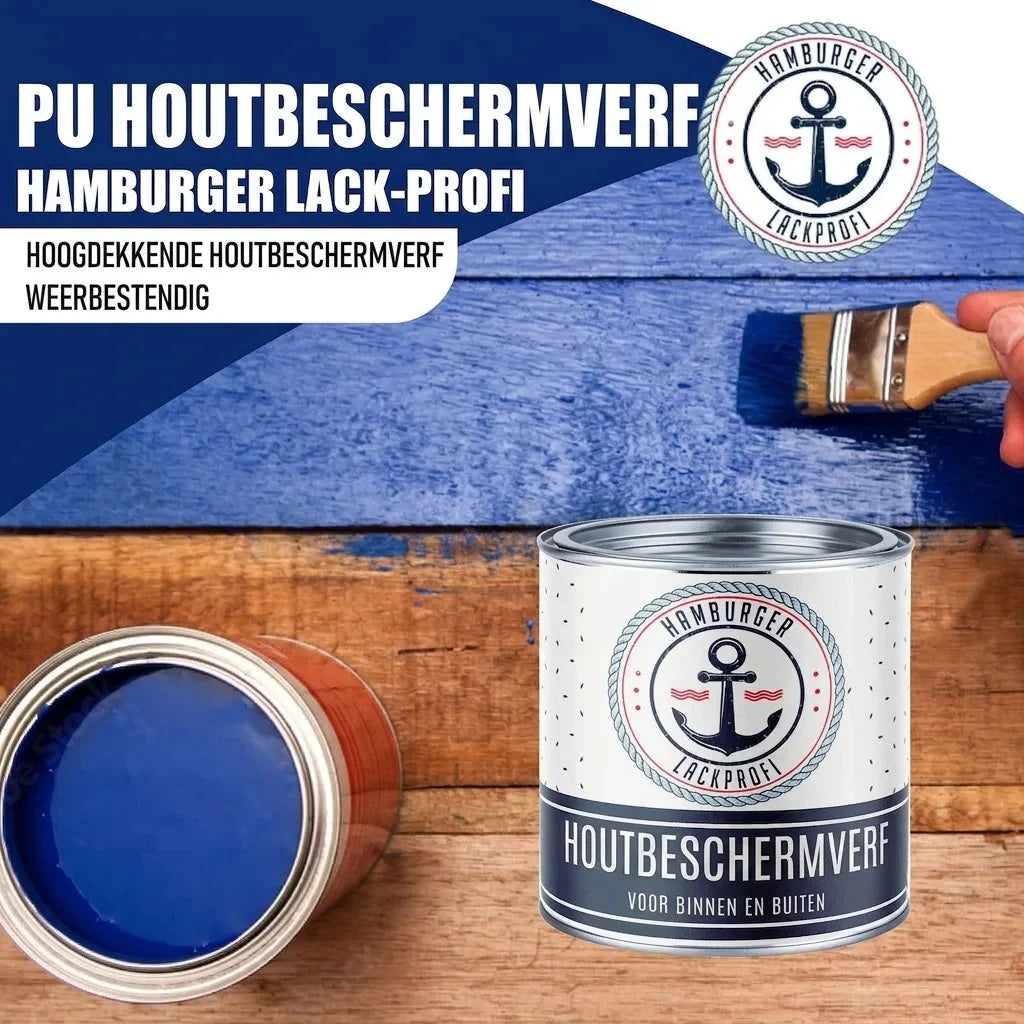 PU houtbeschermverf alles-in-één-set X500, blauwe verf met kwast op planken, open blik en gesloten blik