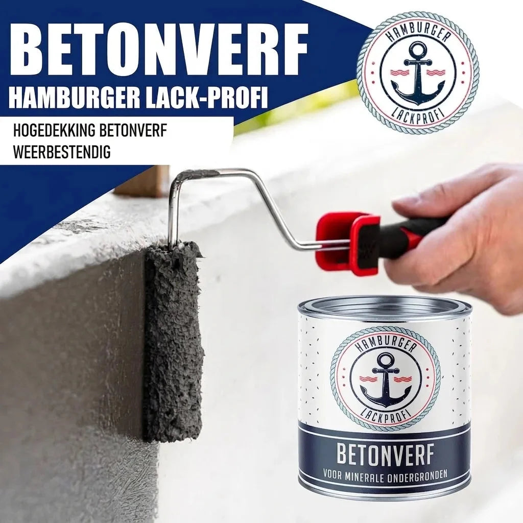 Betonverf alles-in-één-set X500, grijze betonmuur met roller en blik Betonverf in beeld