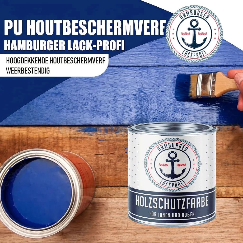 Blauwe "Hamburger Lack-Profi" houtverf op houten planken. Een blik "HOLZSCHUTZFARBE FÜR INNEN UND AUSSEN" en een open blik ver