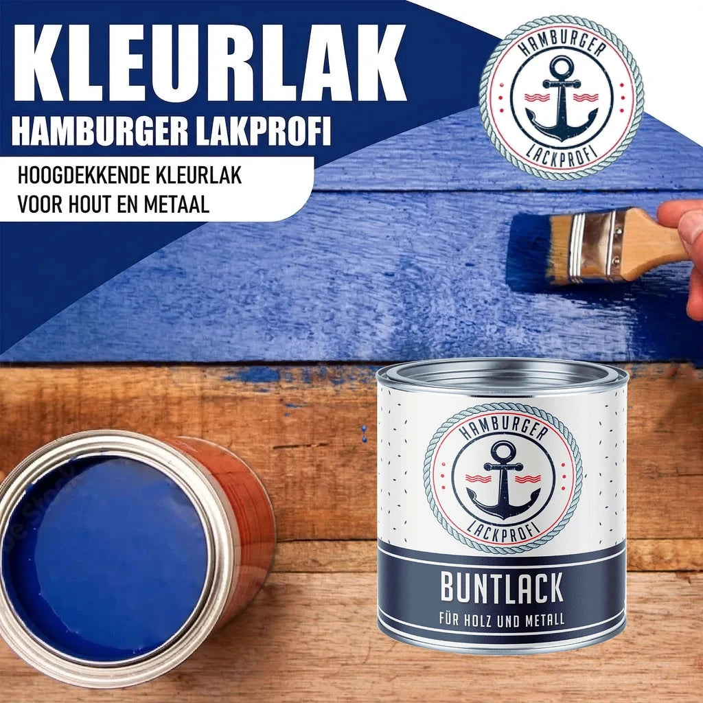 Blauwe verf van Hamburger Lackprofi. Een blik "BUNTLACK FÜR HOLZ UND METALL" en een kwast.