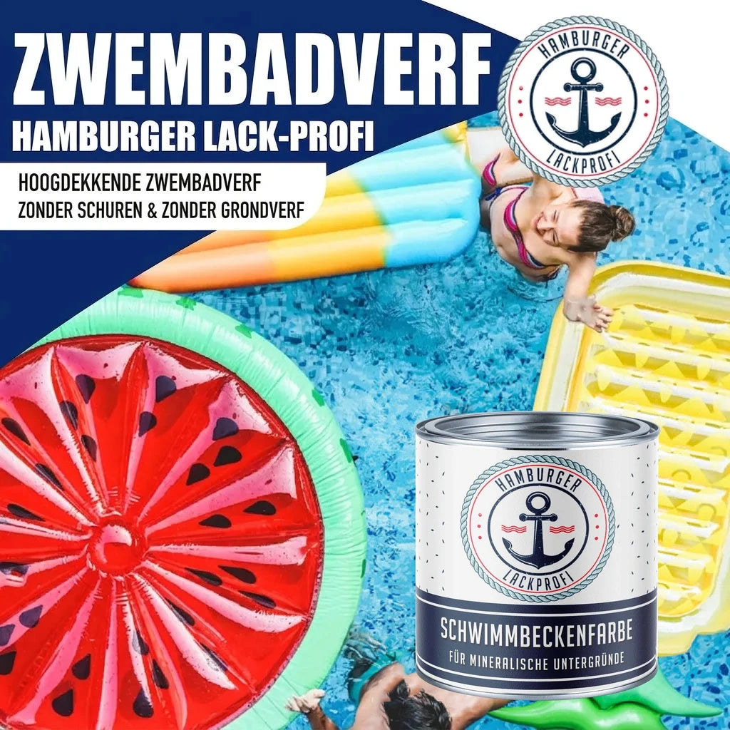Zwembadverf van Hamburger Lack-Profi. Blik "SCHWIMMBECKENFARBE" in zwembad met zwemmers en opblaasartikelen.