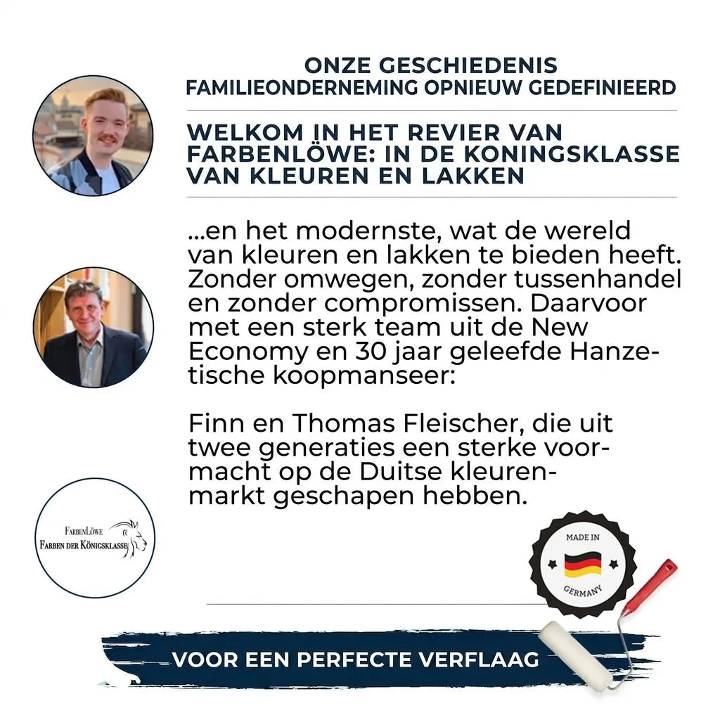 Duitse marketingpagina over familiebedrijf FarbenLöwe, gespecialiseerd in premium verven en lakken, met portretten.