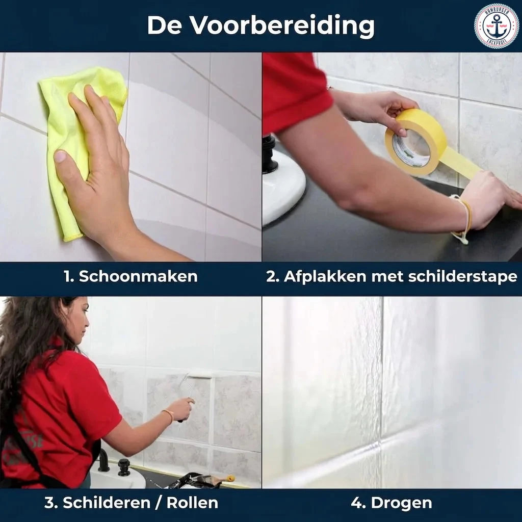 Vier stappen voor het voorbereiden en schilderen van tegels: reinigen, afplakken, schilderen en drogen.