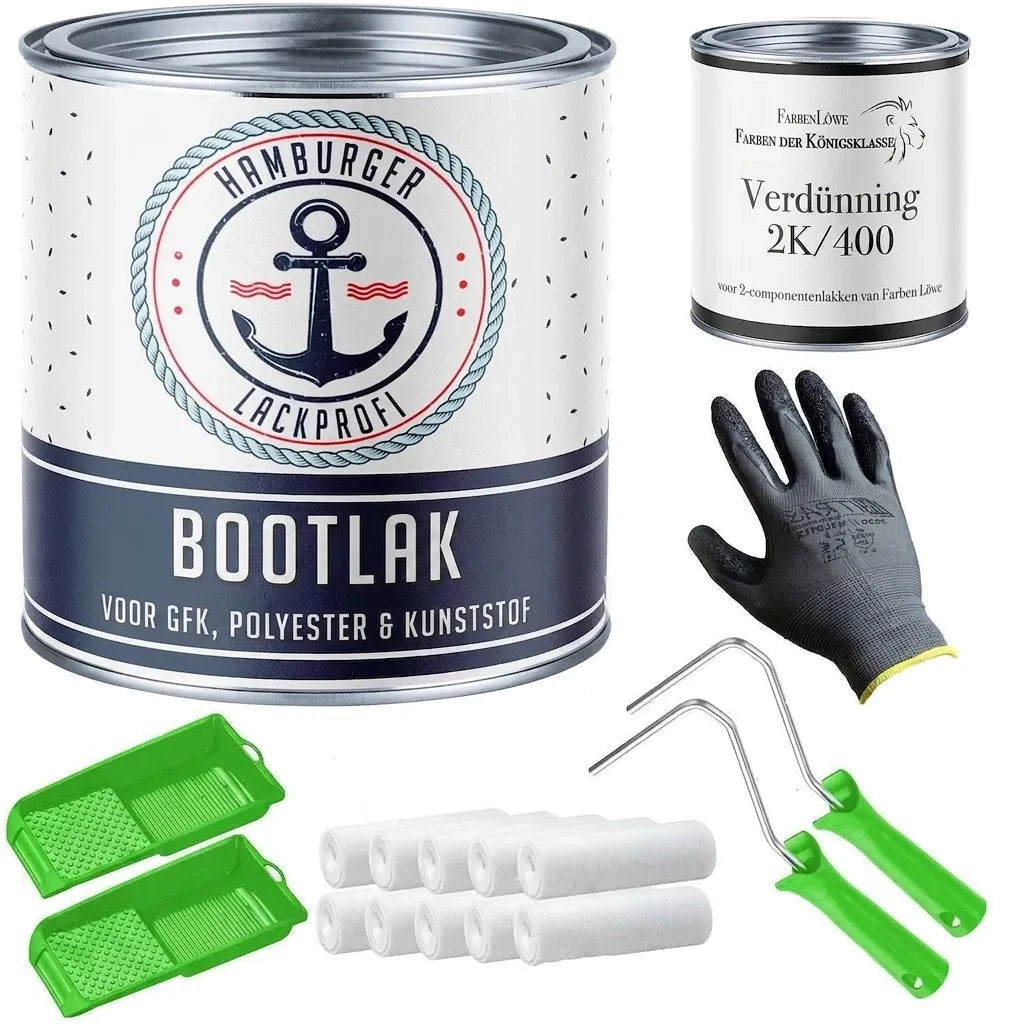 Set met bootlak, verdunner, verfrollers, verfbakken en handschoenen voor het schilderen van boten.