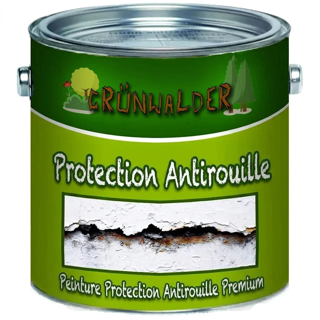 Pot de peinture antirouille Grünwalder, avec l'inscription 'Rostschutz' et 'Premium Rostschutzfarbe' en allemand.