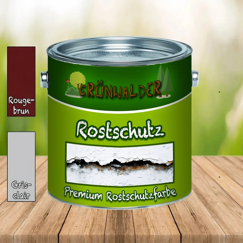 Pot de peinture "GRÜNWALDER" "Rostschutz" "Premium Rostschutzfarbe" sur une table en bois.