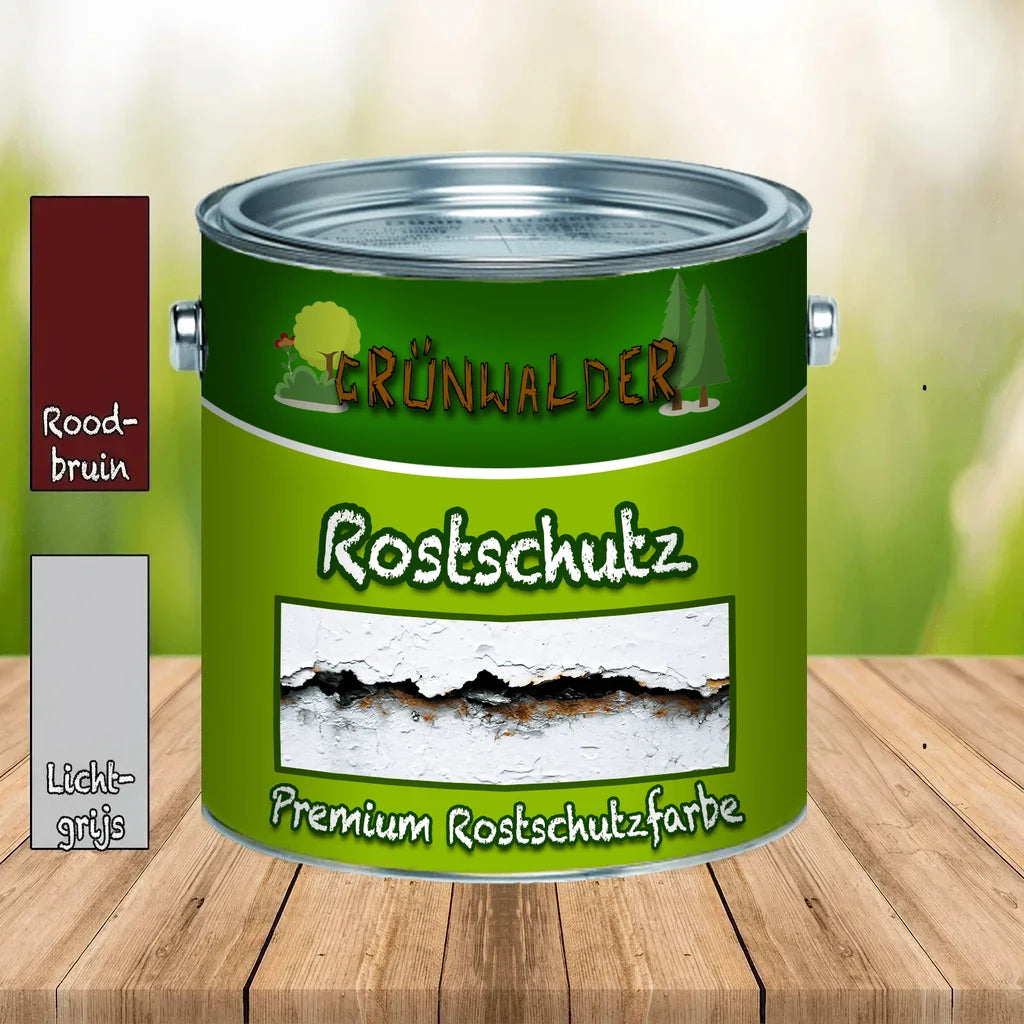 Grünwalder roestwerende grondverf: roodbruin en lichtgrijs blik op een houten tafel buiten