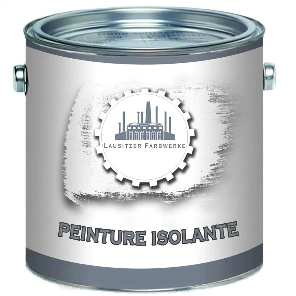 Pot de peinture isolante grise Lausitzer Farbwerke, avec logo d'usine et fond brossé blanc.