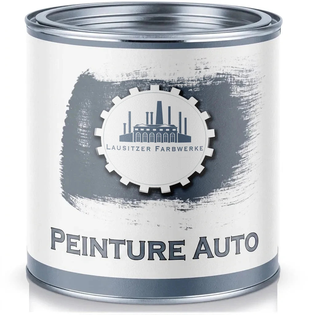 Pot de peinture grise 'Autolack' de Lausitzer Farbwerke pour véhicules sur fond blanc, avec logo.